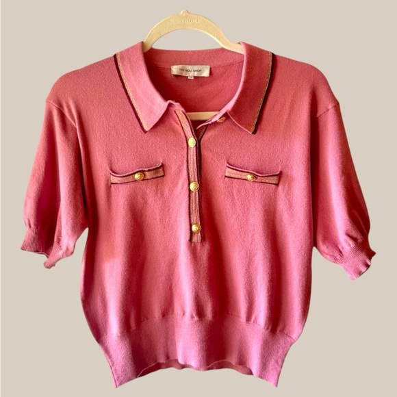 Noli Shop Tops - Dusty Rose Pink Short-Sleeve Polo Sweater with Gold Trim